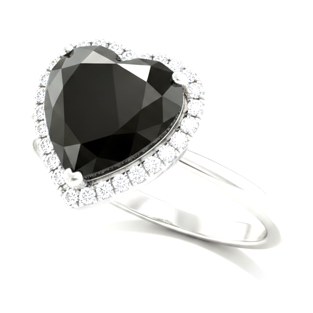 2 Carat Heart Black Diamond and White Diamond Halo Ring Natural 14K White Gold