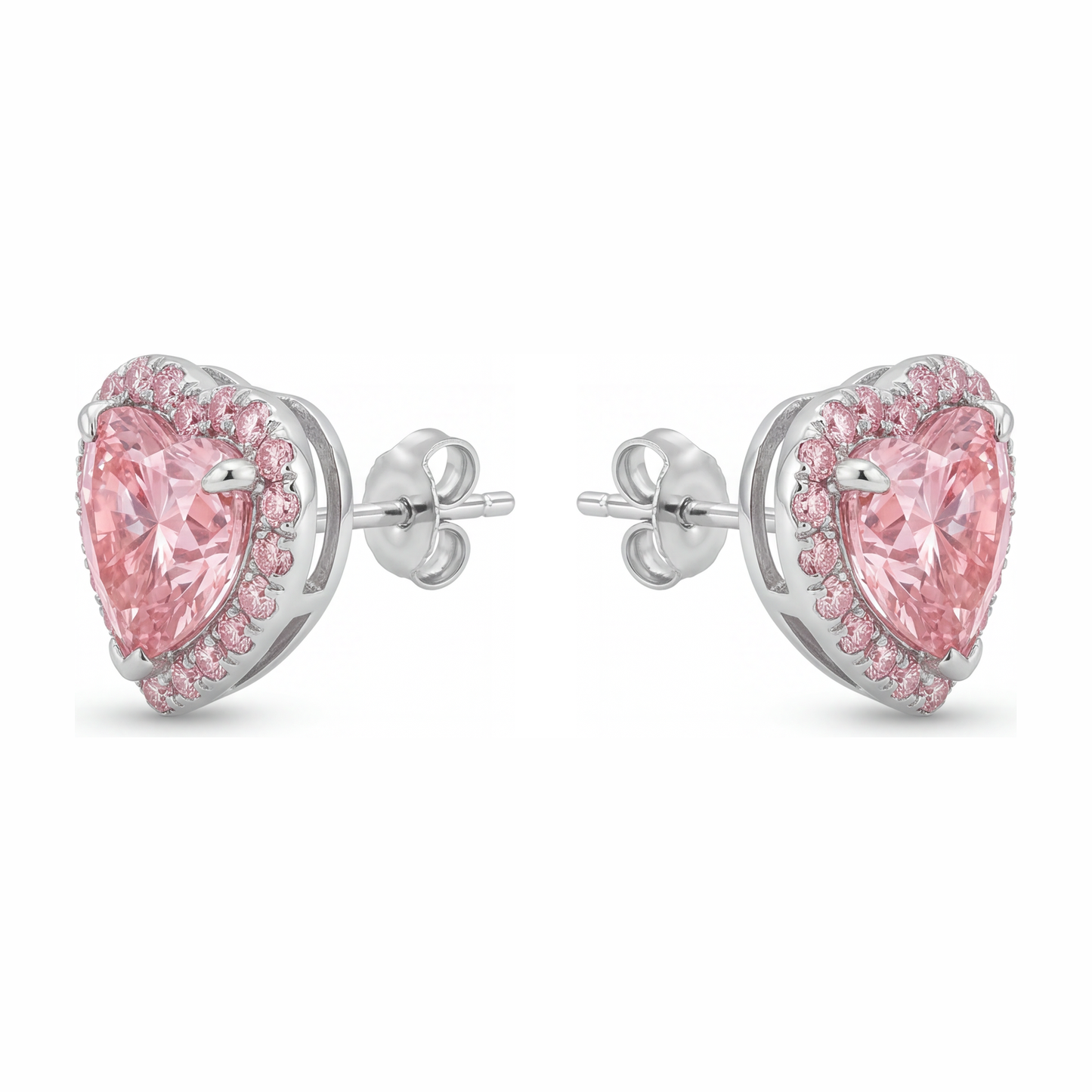 3.5 Carat Heart Pink Lab Grown Diamond and White Diamond Halo Earrings 14K White Gold