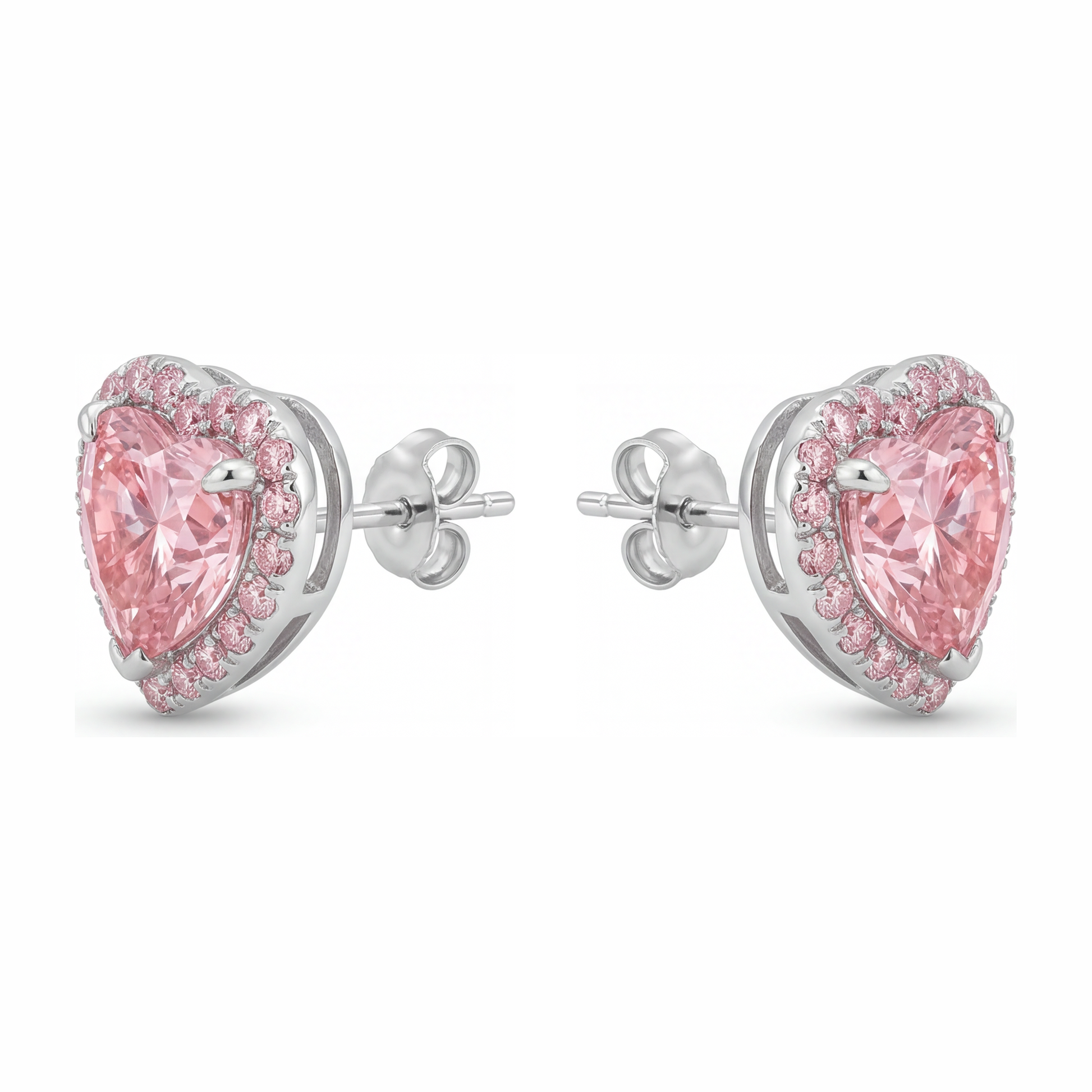 3.5 Carat Heart Pink Lab Grown Diamond and White Diamond Halo Earrings 14K White Gold