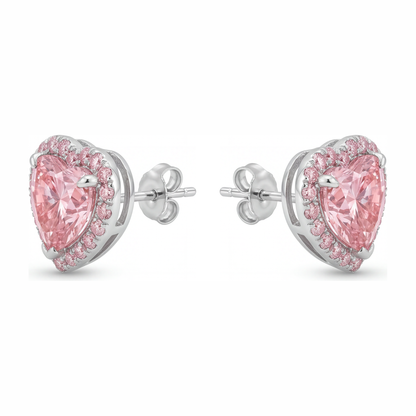 3.5 Carat Heart Pink Lab Grown Diamond and White Diamond Halo Earrings 14K White Gold