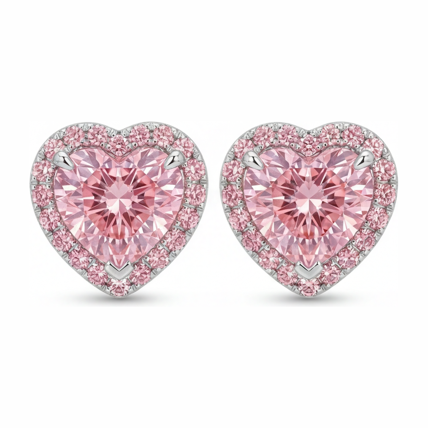 3.5 Carat Heart Pink Lab Grown Diamond and White Diamond Halo Earrings 14K White Gold