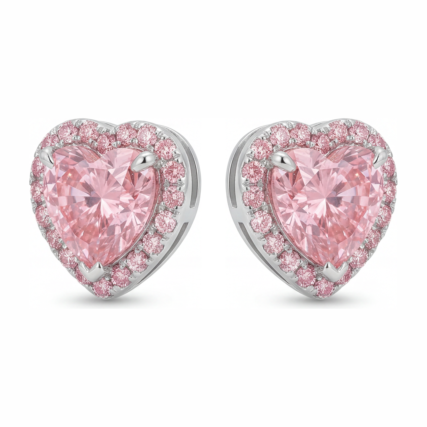 3.5 Carat Heart Pink Lab Grown Diamond and White Diamond Halo Earrings 14K White Gold