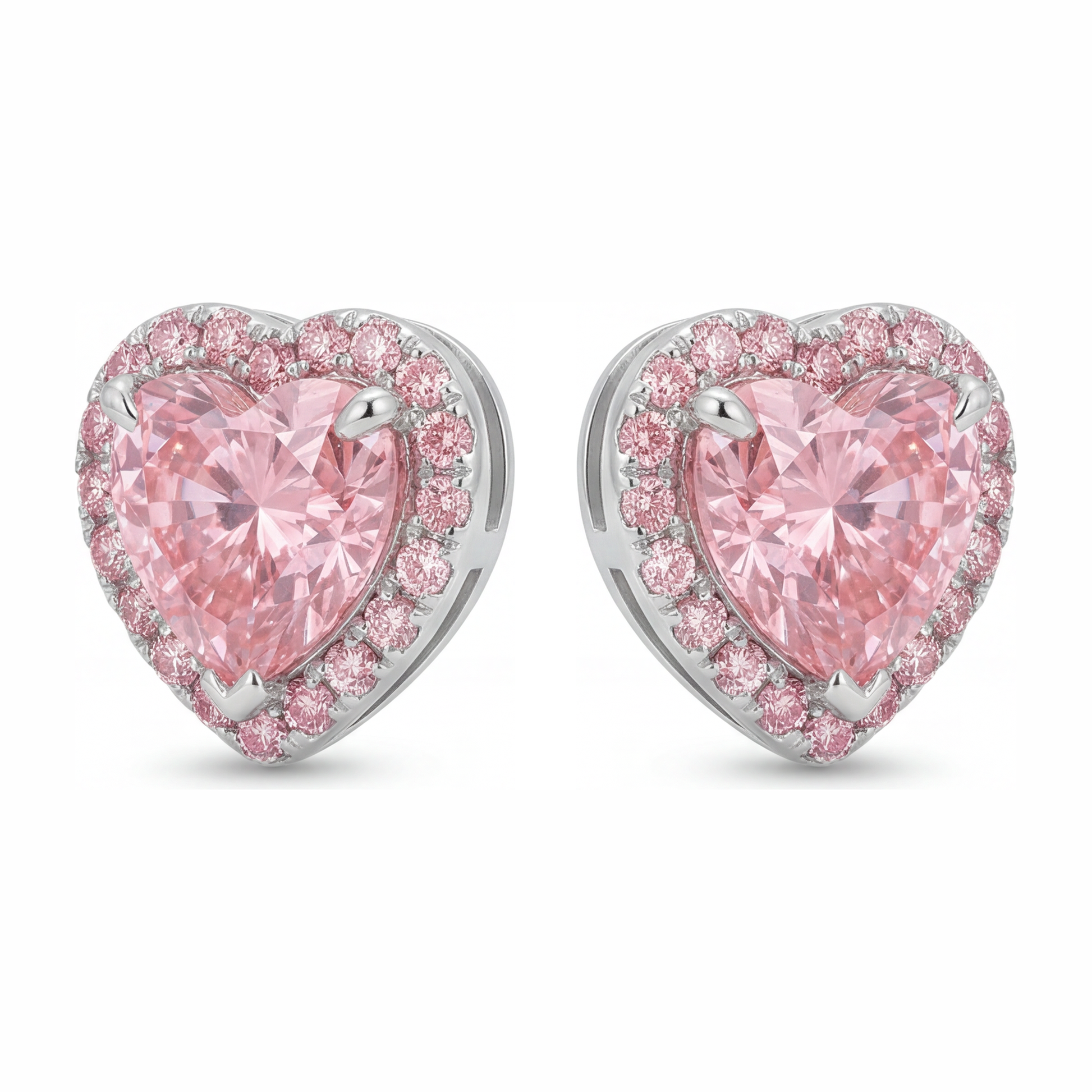 3.5 Carat Heart Pink Lab Grown Diamond and White Diamond Halo Earrings 14K White Gold