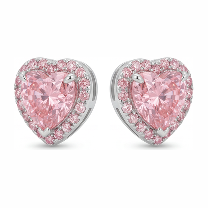 3.5 Carat Heart Pink Lab Grown Diamond and White Diamond Halo Earrings 14K White Gold