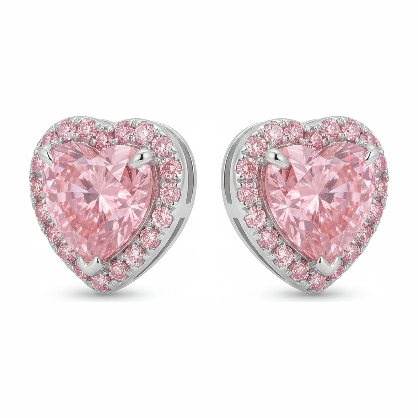 3.5 Carat Heart Pink Lab Grown Diamond and White Diamond Halo Earrings 14K White Gold