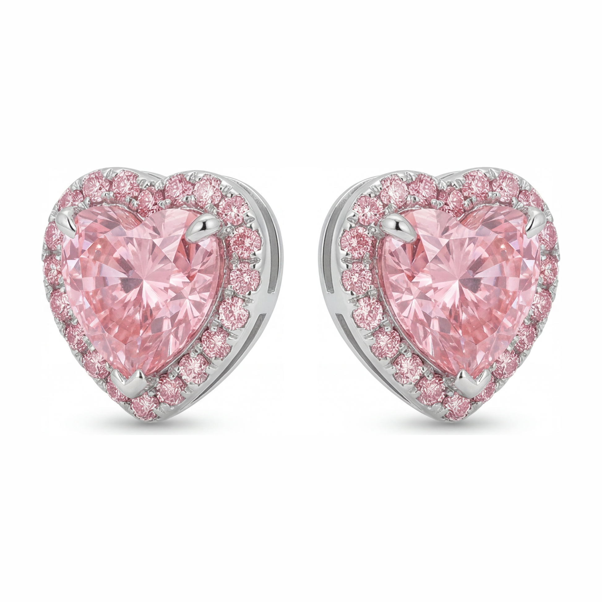 3.5 Carat Heart Pink Lab Grown Diamond and White Diamond Halo Earrings 14K White Gold