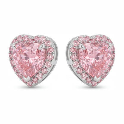 3.5 Carat Heart Pink Lab Grown Diamond and White Diamond Halo Earrings 14K White Gold