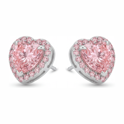 3.5 Carat Heart Pink Lab Grown Diamond and White Diamond Halo Earrings 14K White Gold