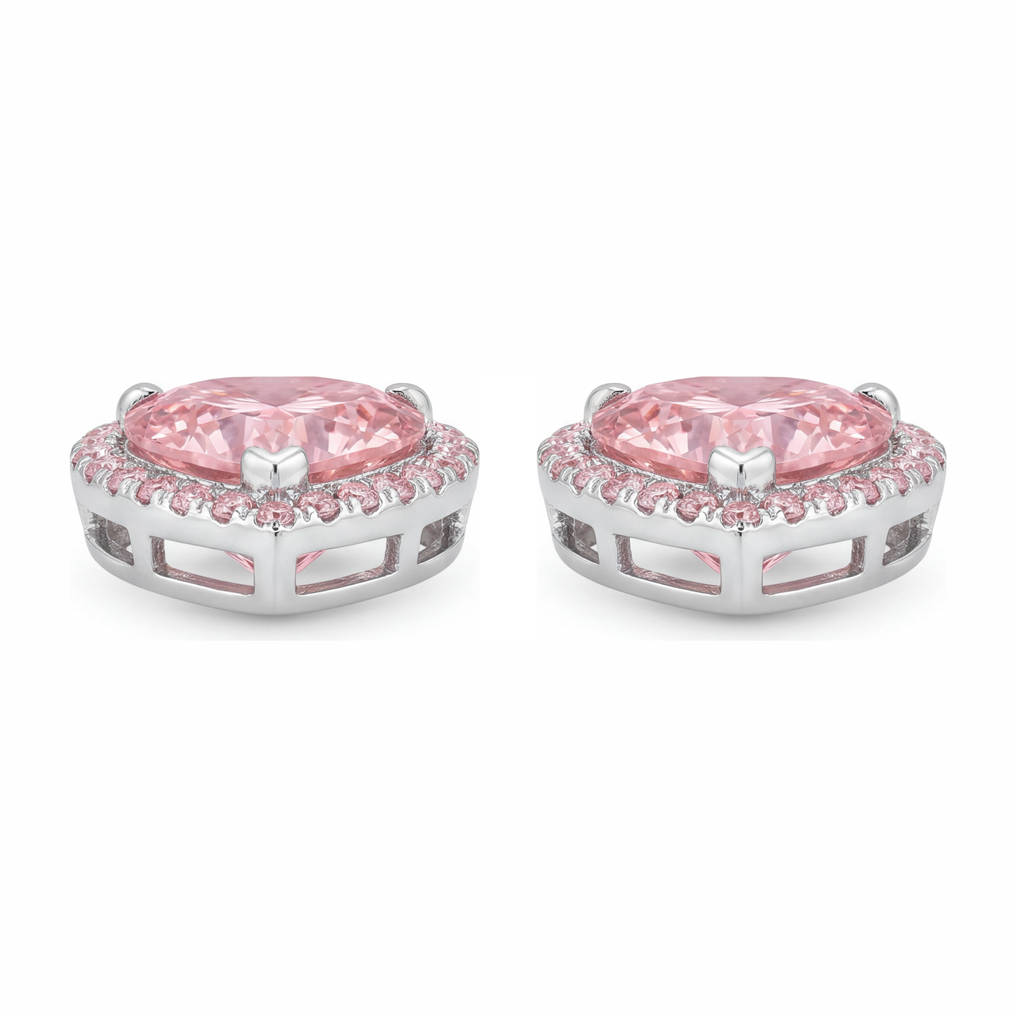 3.5 Carat Heart Pink Lab Grown Diamond and White Diamond Halo Earrings 14K White Gold