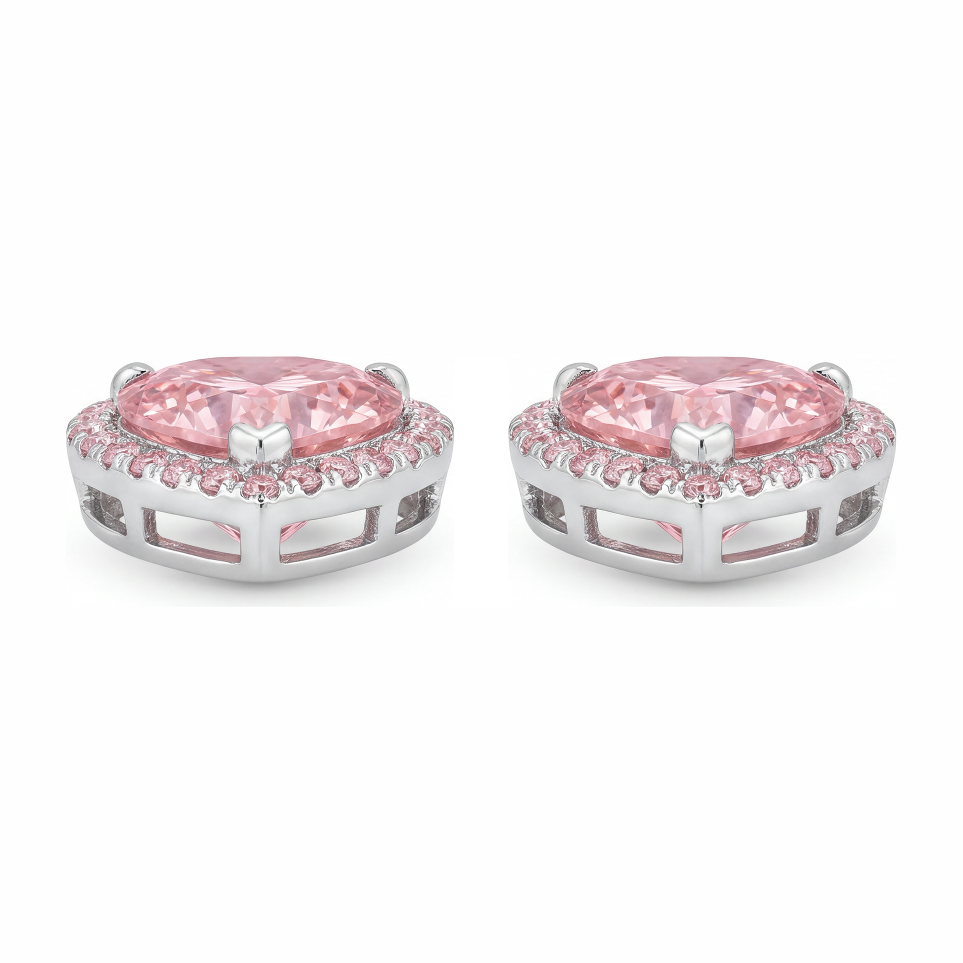 3.5 Carat Heart Pink Lab Grown Diamond and White Diamond Halo Earrings 14K White Gold