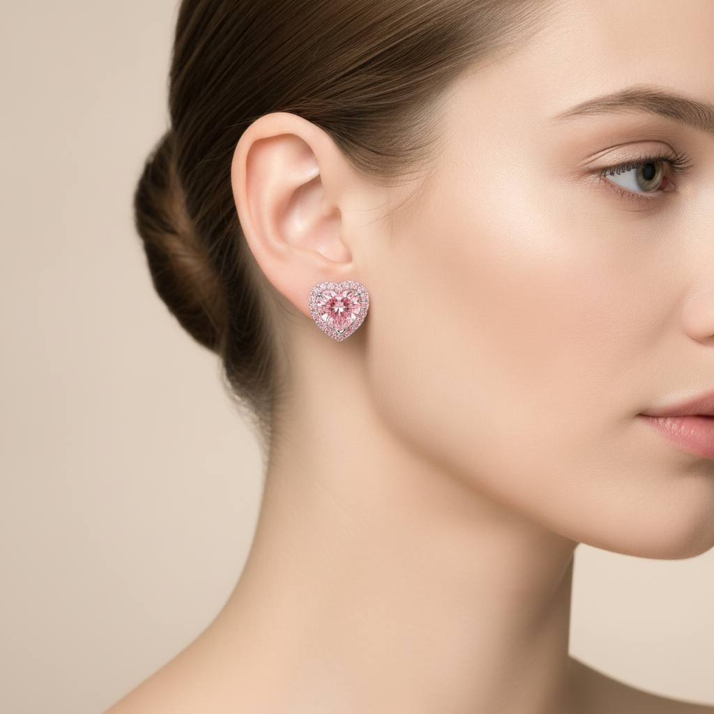 3.5 Carat Heart Pink Lab Grown Diamond and White Diamond Halo Earrings 14K White Gold worn