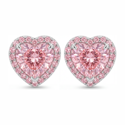 3.5 Carat Heart Pink Lab Grown Diamond and White Diamond Halo Earrings 14K White Gold