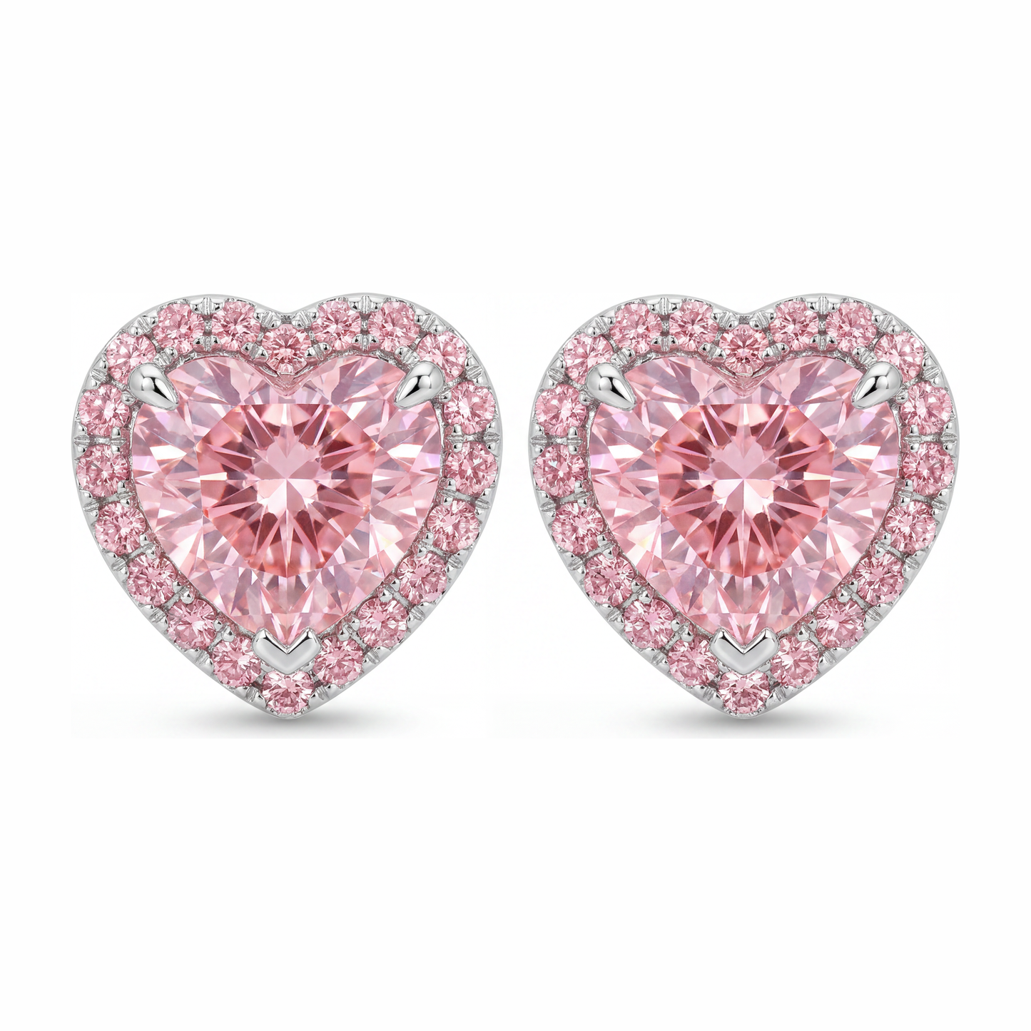 3.5 Carat Heart Pink Lab Grown Diamond and White Diamond Halo Earrings 14K White Gold