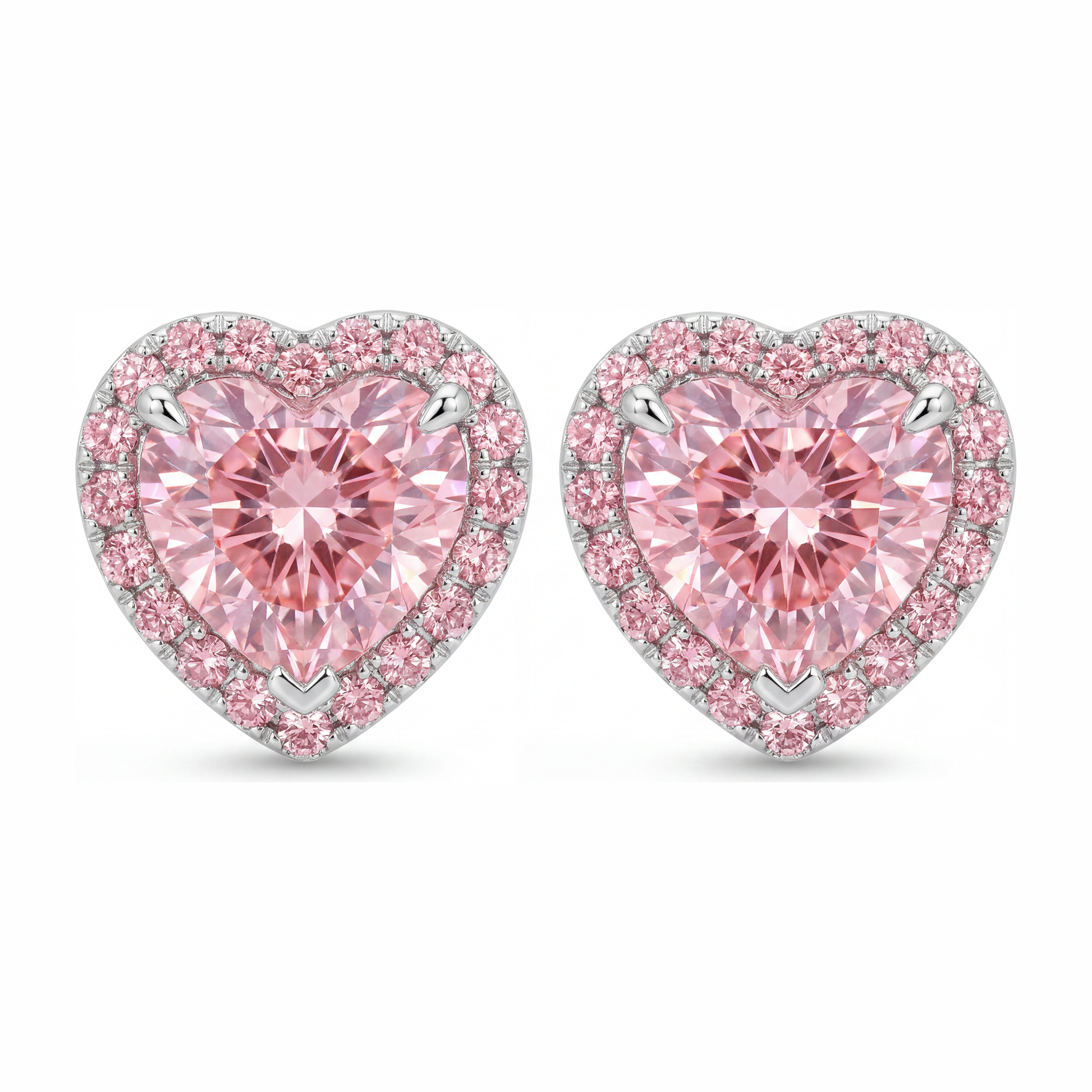 3.5 Carat Heart Pink Lab Grown Diamond and White Diamond Halo Earrings 14K White Gold
