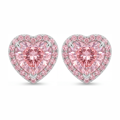 3.5 Carat Heart Pink Lab Grown Diamond and White Diamond Halo Earrings 14K White Gold