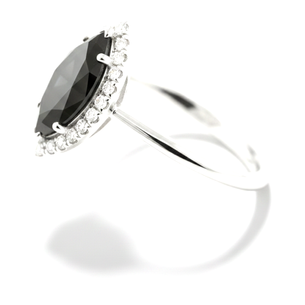 10 Carat Marquise Black Diamond and White Diamond Halo Ring Natural 14K White Gold