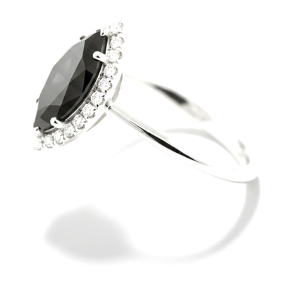 10 Carat Marquise Black Diamond and White Diamond Halo Ring Natural 14K White Gold