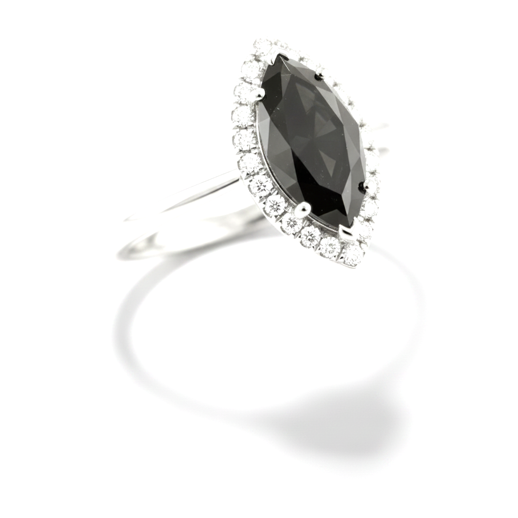 10 Carat Marquise Black Diamond and White Diamond Halo Ring Natural 14K White Gold