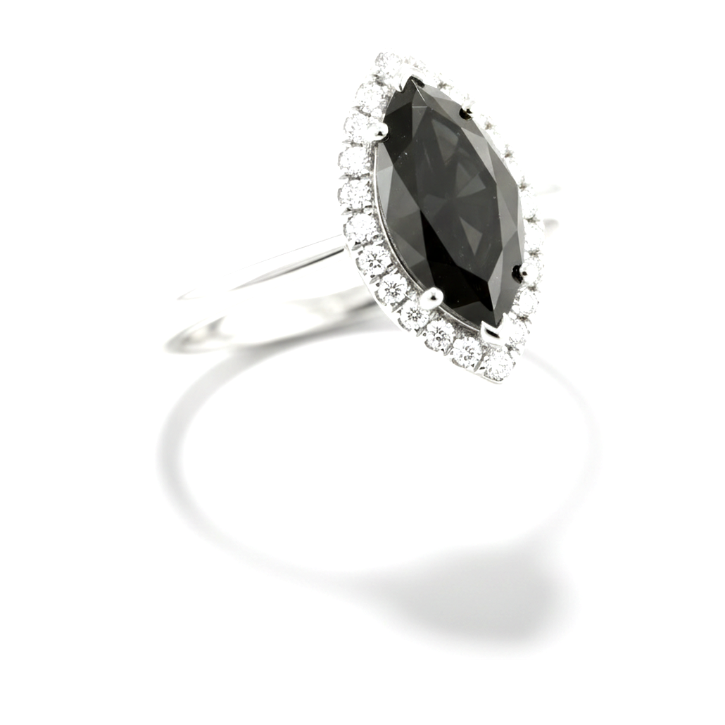 10 Carat Marquise Black Diamond and White Diamond Halo Ring Natural 14K White Gold