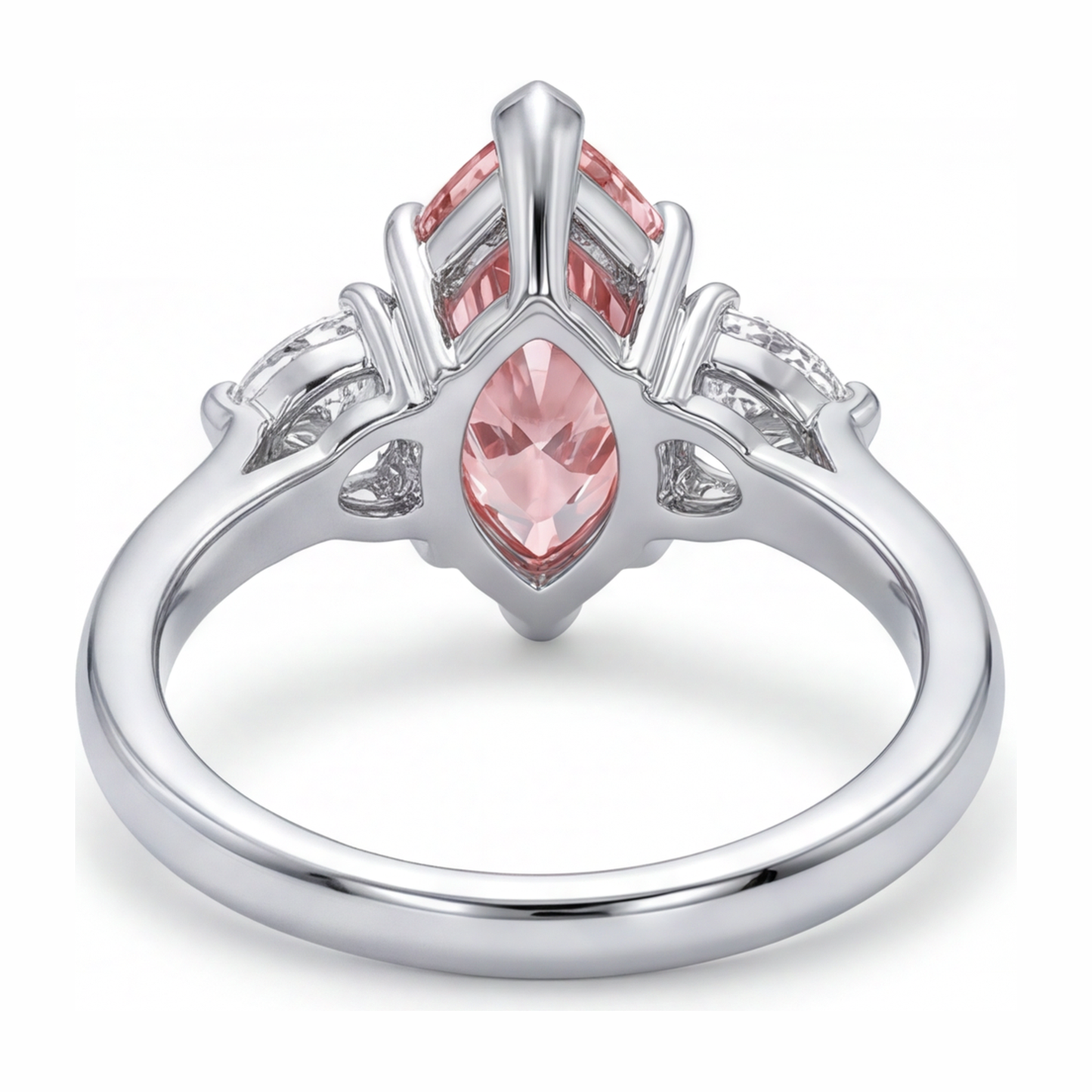 3.5 Carat Marquise Pink Lab Grown Diamond and White Diamond Three Stone Ring 14K White Gold
