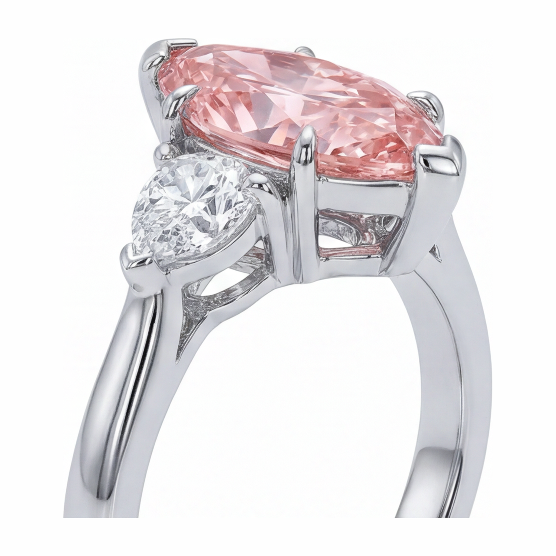 3.5 Carat Marquise Pink Lab Grown Diamond and White Diamond Three Stone Ring 14K White Gold