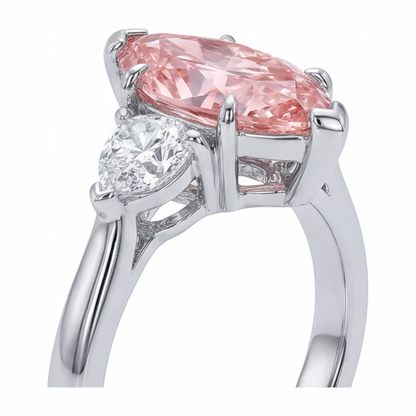 3.5 Carat Marquise Pink Lab Grown Diamond and White Diamond Three Stone Ring 14K White Gold
