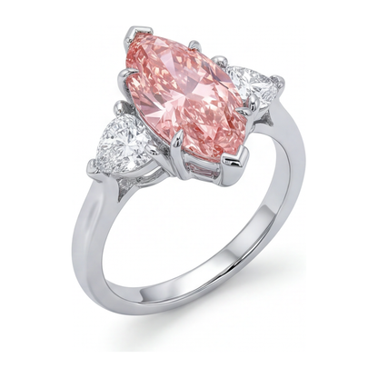 3.5 Carat Marquise Pink Lab Grown Diamond and White Diamond Three Stone Ring 14K White Gold