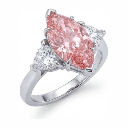 3.5 Carat Marquise Pink Lab Grown Diamond and White Diamond Three Stone Ring 14K White Gold