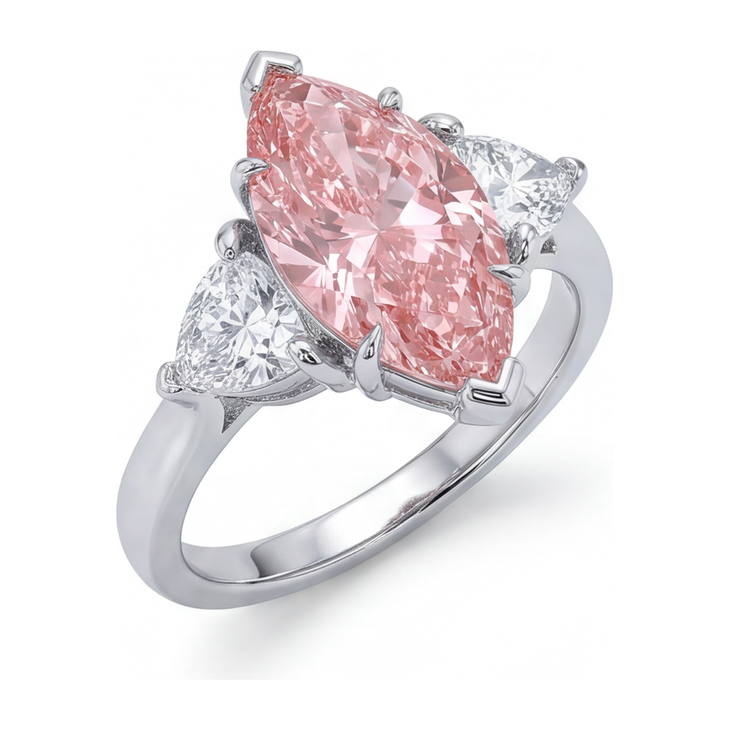 3.5 Carat Marquise Pink Lab Grown Diamond and White Diamond Three Stone Ring 14K White Gold