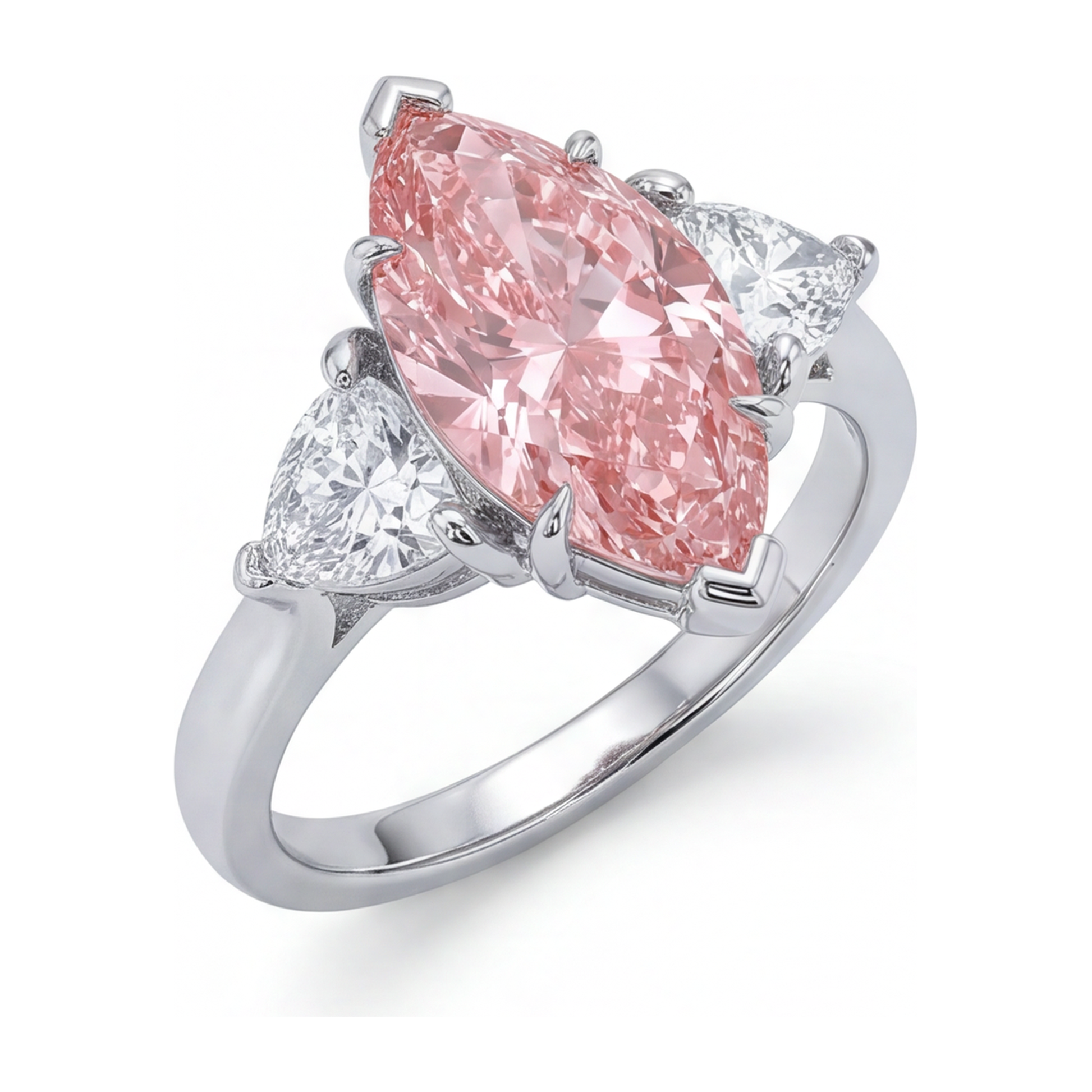 3.5 Carat Marquise Pink Lab Grown Diamond and White Diamond Three Stone Ring 14K White Gold