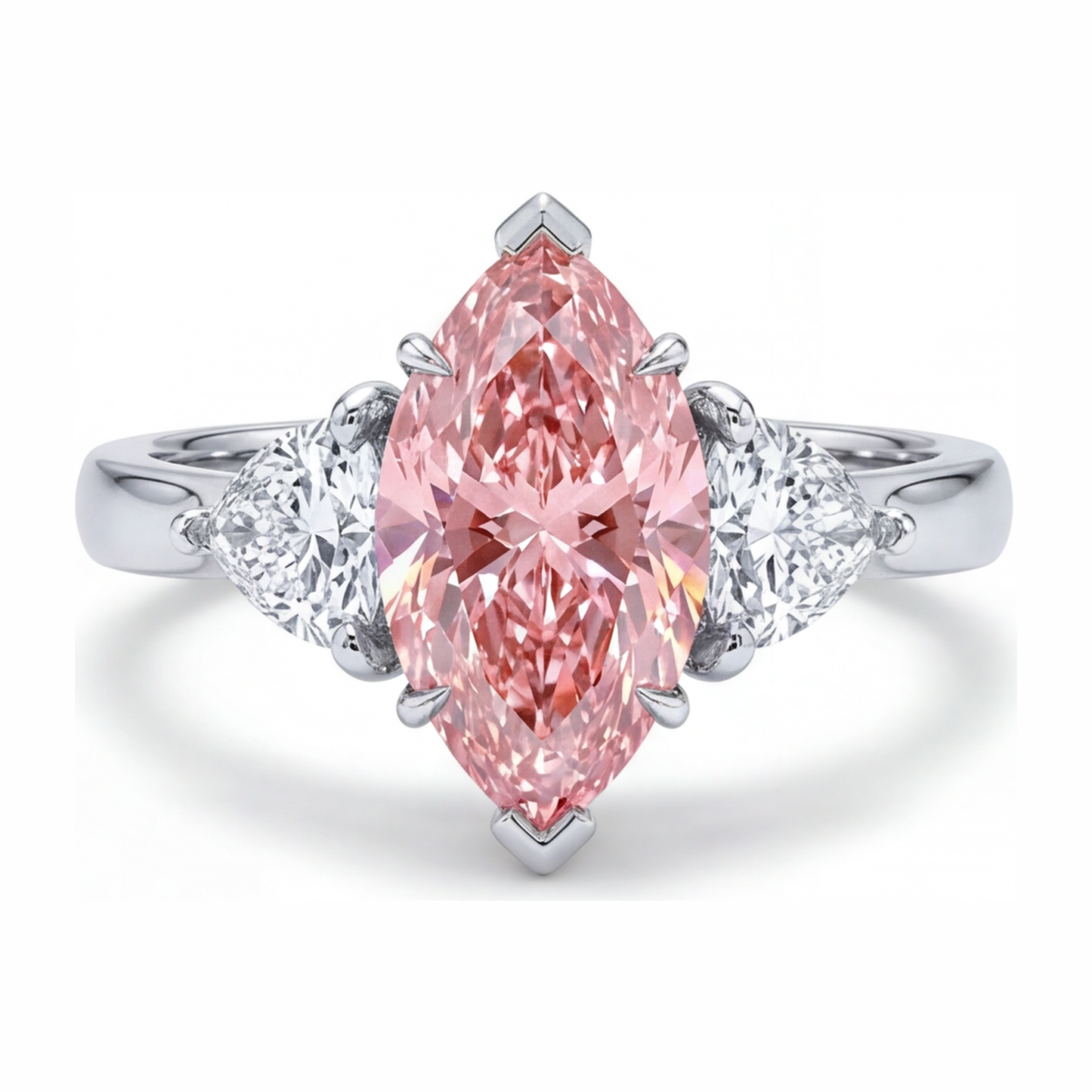 3.5 Carat Marquise Pink Lab Grown Diamond and White Diamond Three Stone Ring 14K White Gold