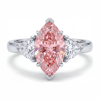 3.5 Carat Marquise Pink Lab Grown Diamond and White Diamond Three Stone Ring 14K White Gold