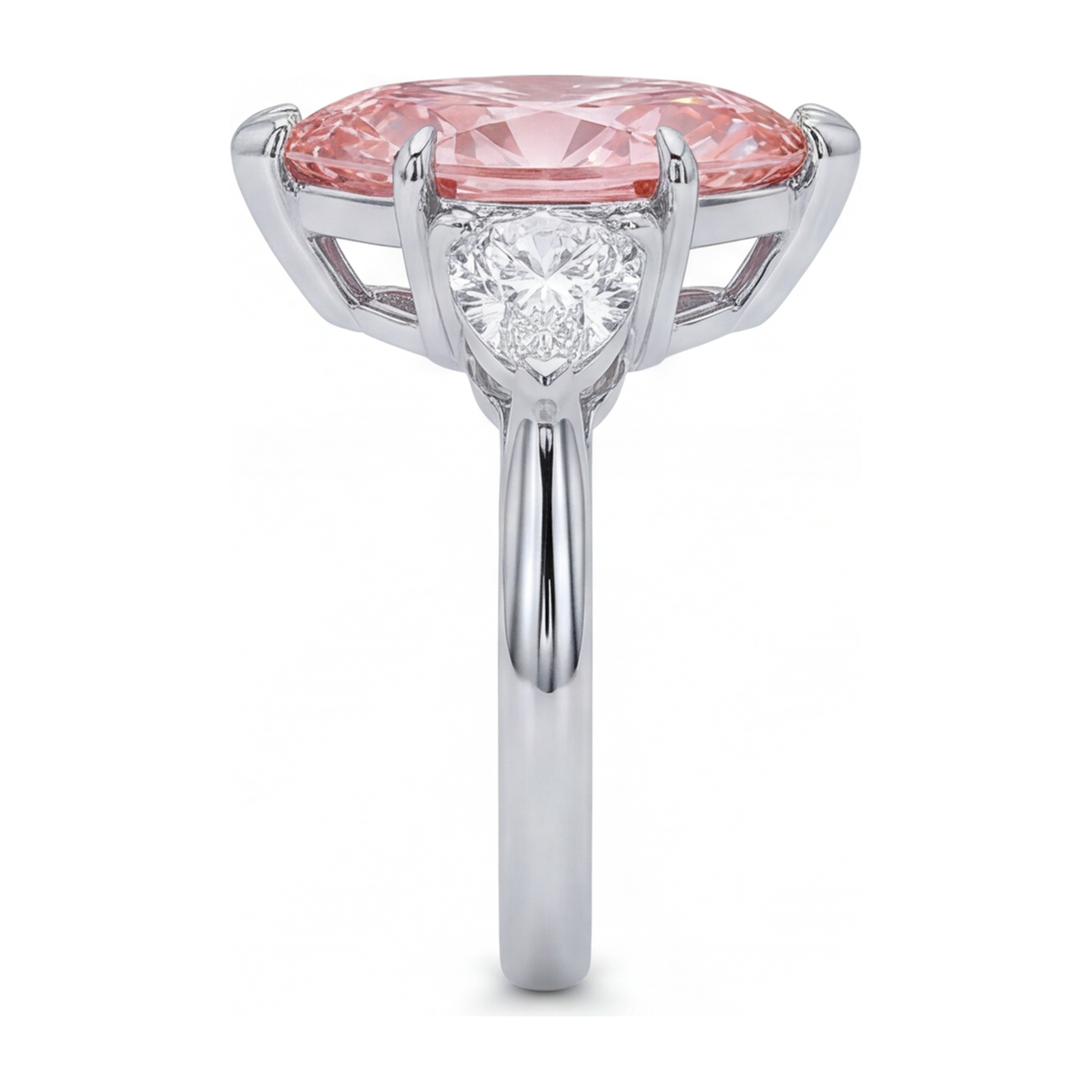 3.5 Carat Marquise Pink Lab Grown Diamond and White Diamond Three Stone Ring 14K White Gold