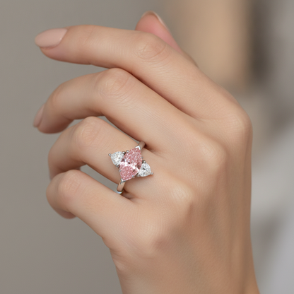 3.5 Carat Marquise Pink Lab Grown Diamond and White Diamond Three Stone Ring 14K White Gold worn
