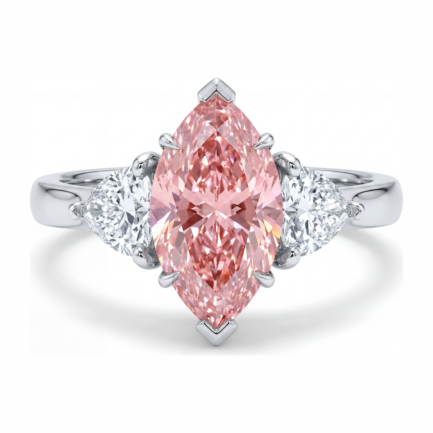 3.5 Carat Marquise Pink Lab Grown Diamond and White Diamond Three Stone Ring 14K White Gold
