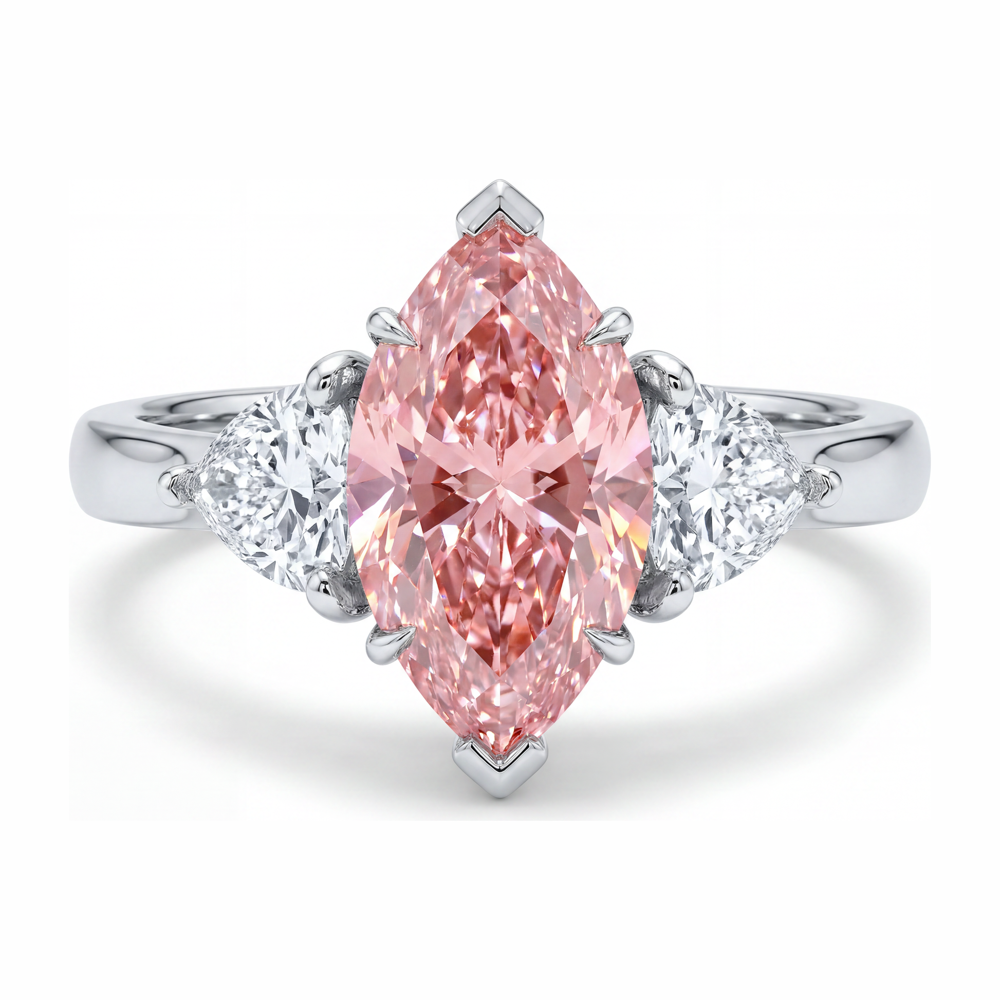 3.5 Carat Marquise Pink Lab Grown Diamond and White Diamond Three Stone Ring 14K White Gold