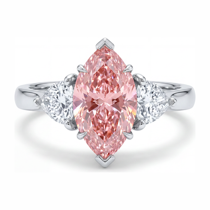 3.5 Carat Marquise Pink Lab Grown Diamond and White Diamond Three Stone Ring 14K White Gold