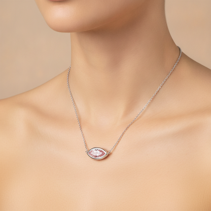 3.5 Carat Marquise Pink Lab Grown Diamond Bezel Pendant 14K White Gold worn