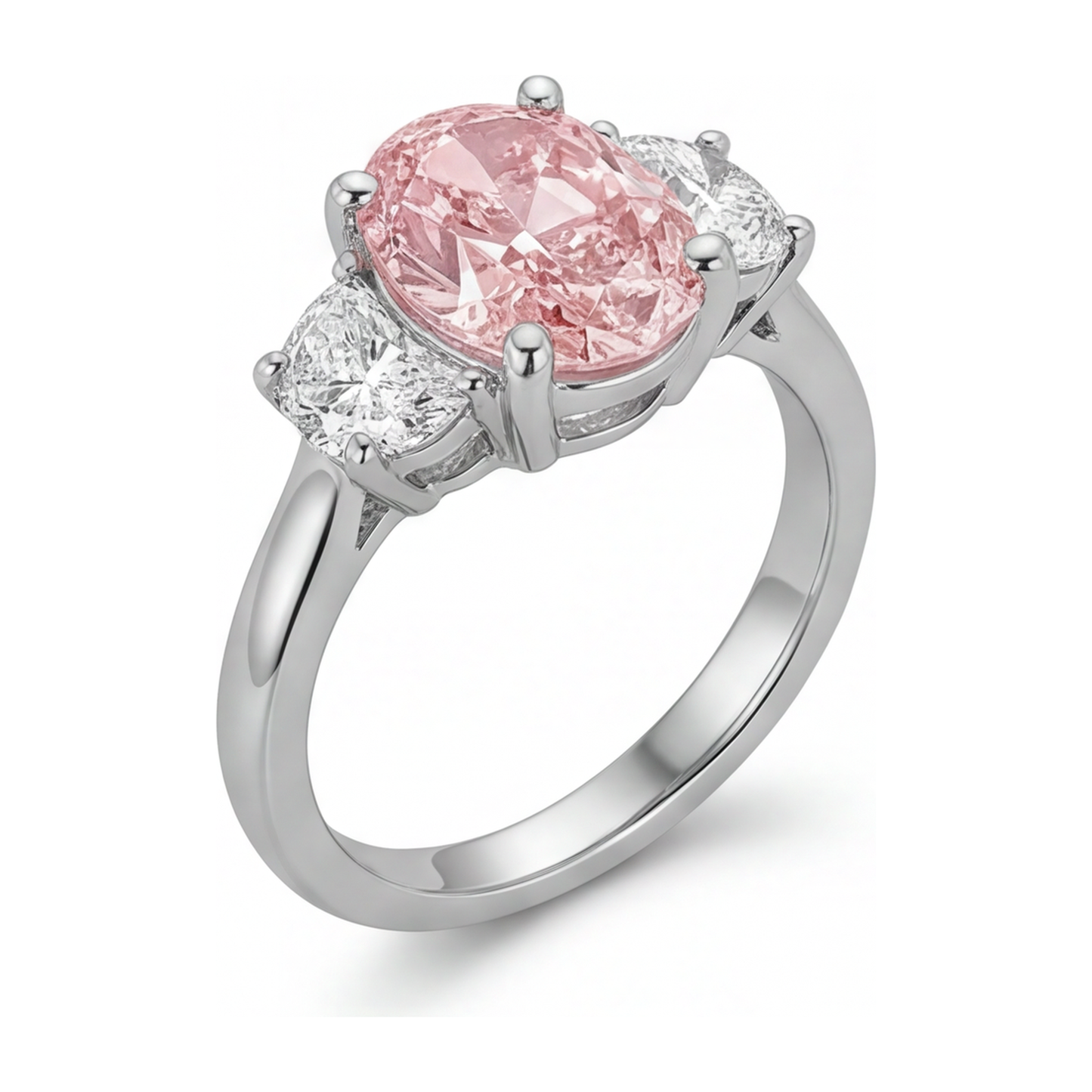 3.5 Carat Oval Pink Lab Grown Diamond and White Diamond Three Stone Ring 14K White Gold