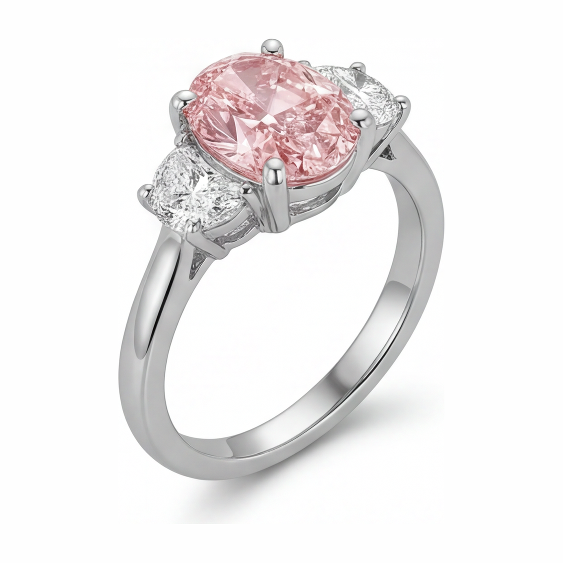3.5 Carat Oval Pink Lab Grown Diamond and White Diamond Three Stone Ring 14K White Gold