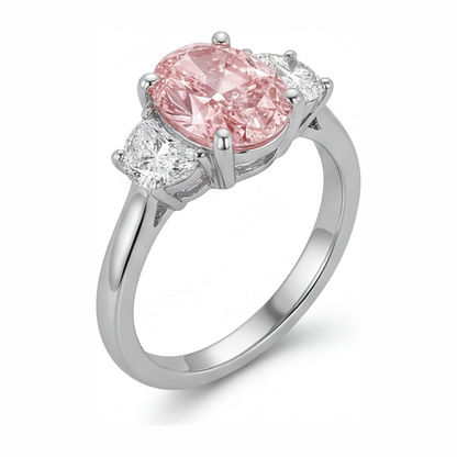 3.5 Carat Oval Pink Lab Grown Diamond and White Diamond Three Stone Ring 14K White Gold