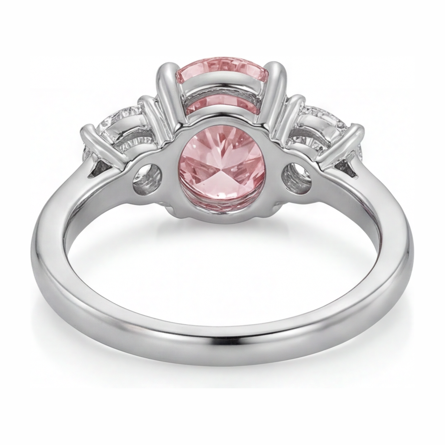 3.5 Carat Oval Pink Lab Grown Diamond and White Diamond Three Stone Ring 14K White Gold