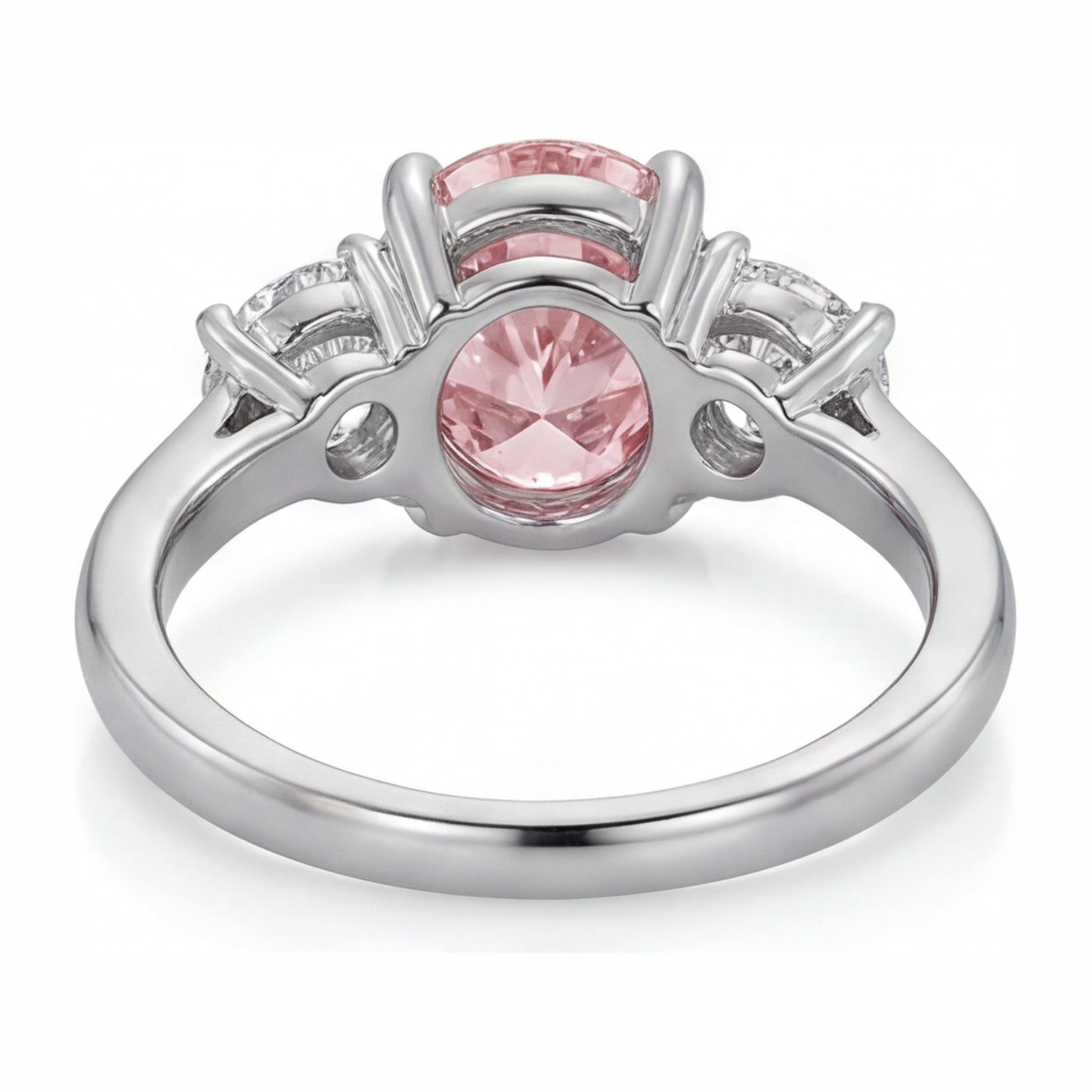 3.5 Carat Oval Pink Lab Grown Diamond and White Diamond Three Stone Ring 14K White Gold