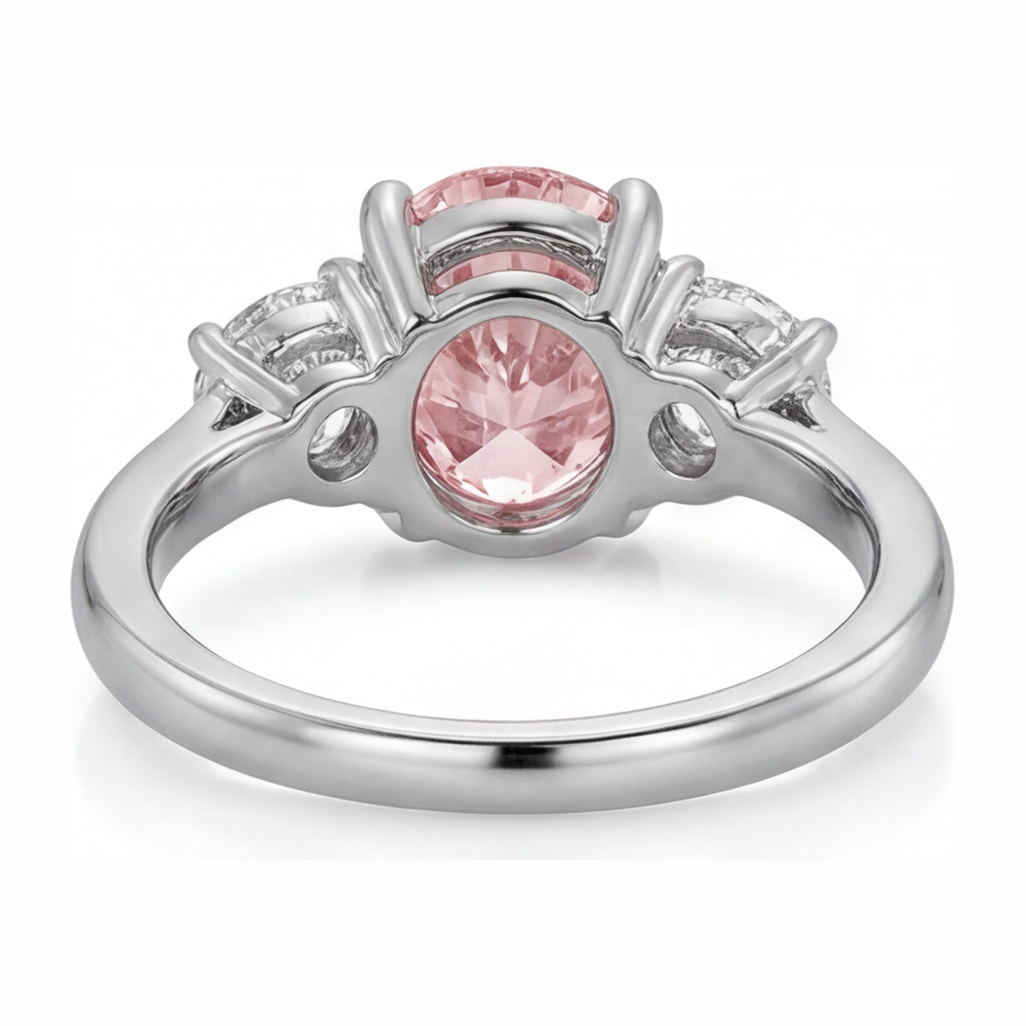 3.5 Carat Oval Pink Lab Grown Diamond and White Diamond Three Stone Ring 14K White Gold