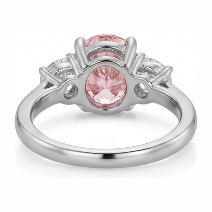 3.5 Carat Oval Pink Lab Grown Diamond and White Diamond Three Stone Ring 14K White Gold