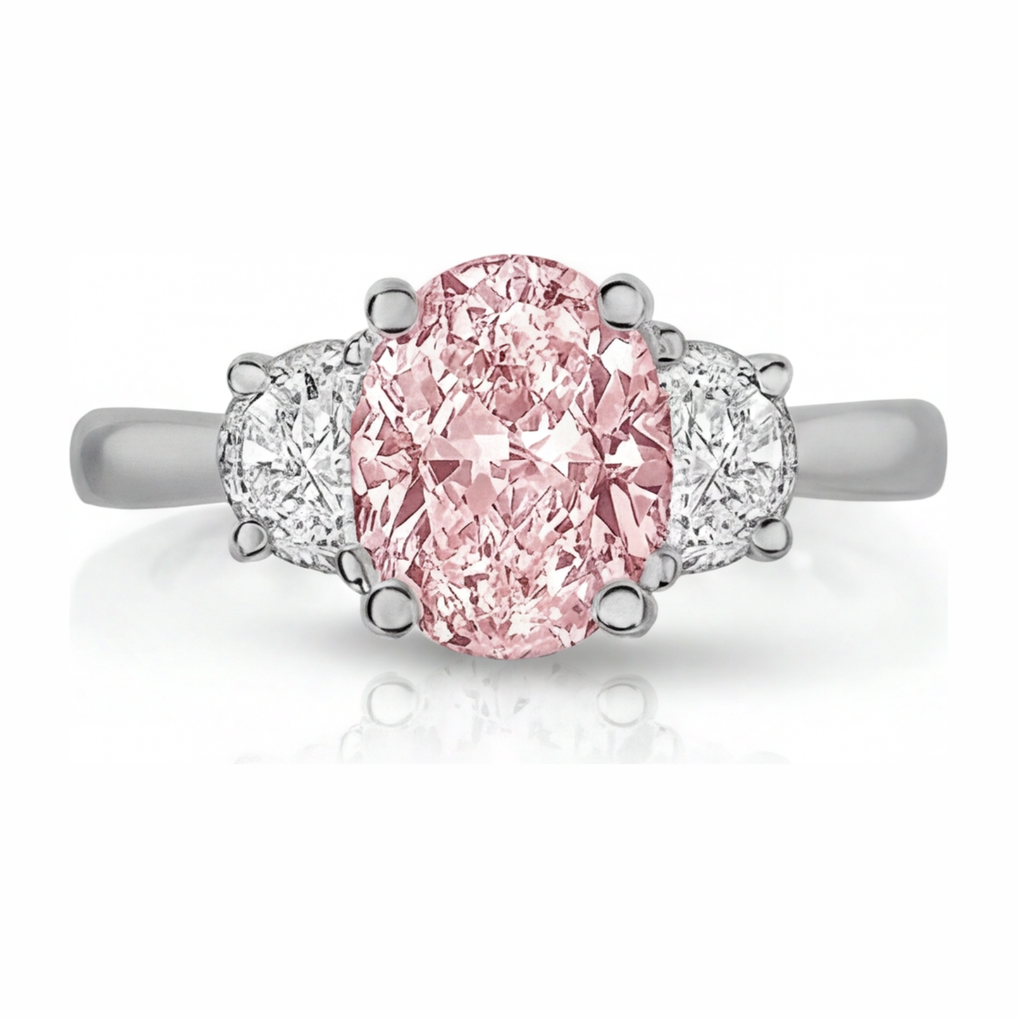 3.5 Carat Oval Pink Lab Grown Diamond and White Diamond Three Stone Ring 14K White Gold