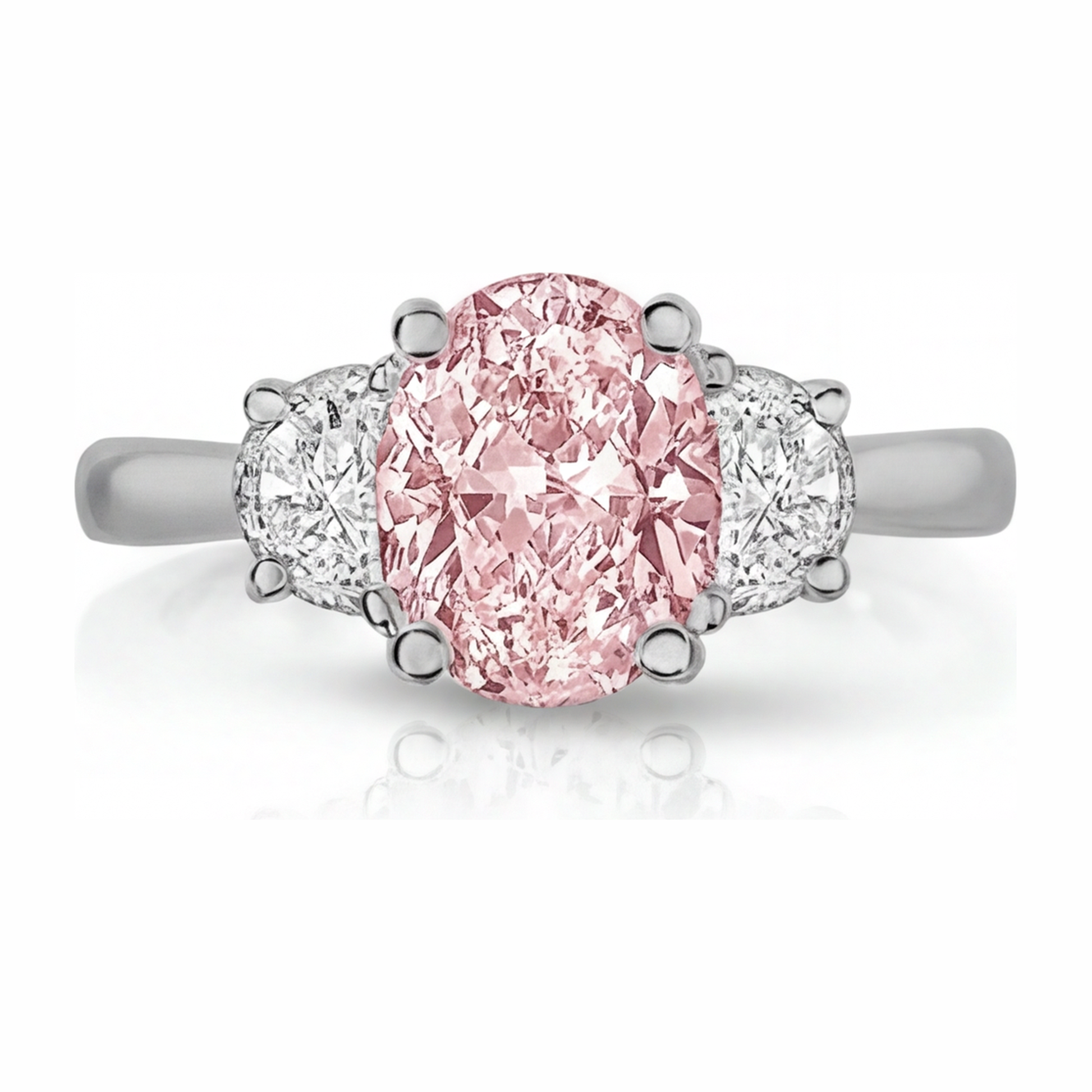 3.5 Carat Oval Pink Lab Grown Diamond and White Diamond Three Stone Ring 14K White Gold
