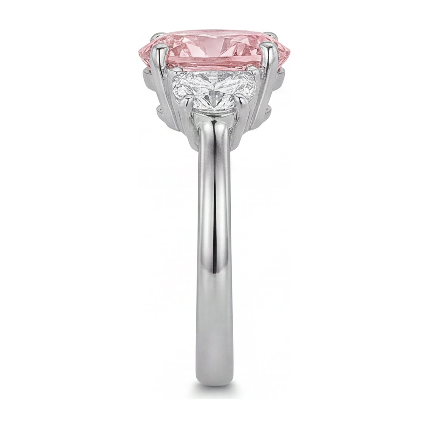 3.5 Carat Oval Pink Lab Grown Diamond and White Diamond Three Stone Ring 14K White Gold