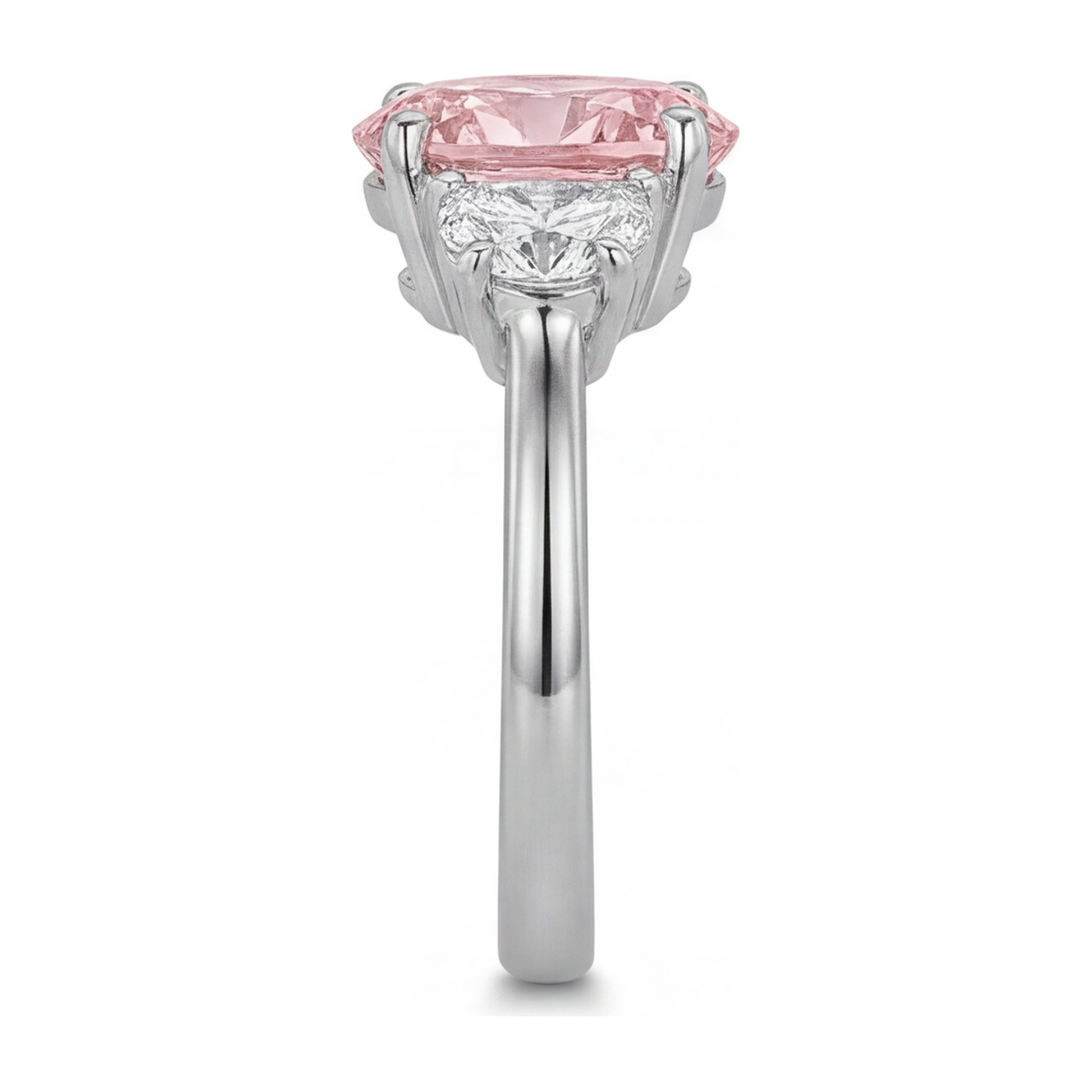 3.5 Carat Oval Pink Lab Grown Diamond and White Diamond Three Stone Ring 14K White Gold