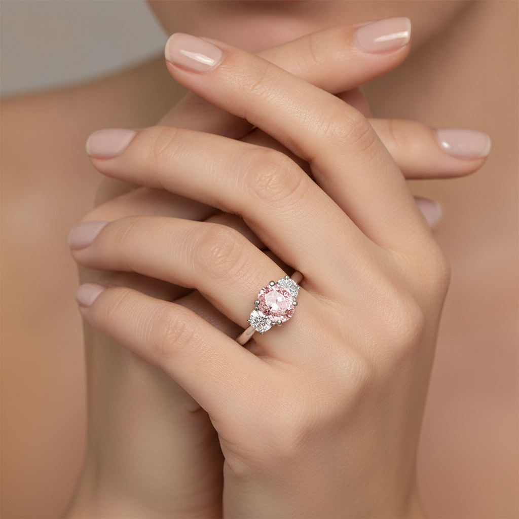 3.5 Carat Oval Pink Lab Grown Diamond and White Diamond Three Stone Ring 14K White Gold worn